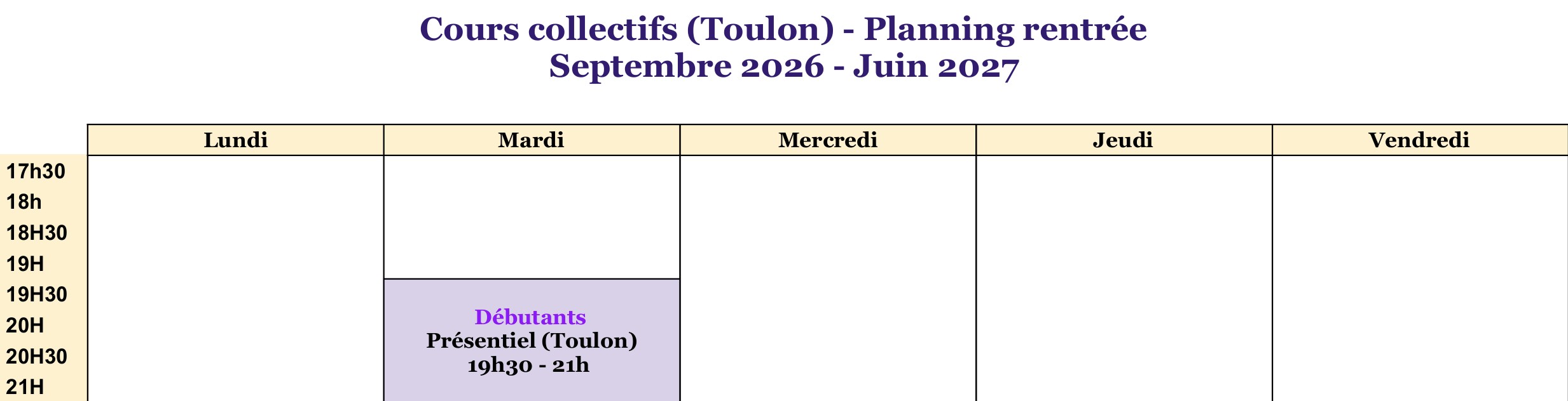 Planning des cours